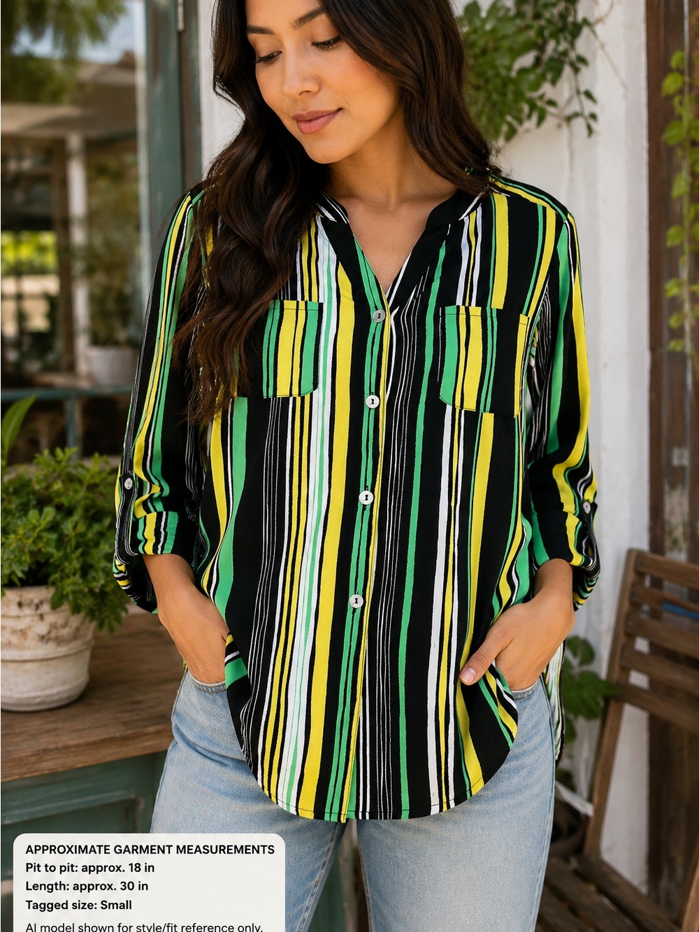 Ruby Rd. Striped Roll Sleeve Button Front Blouse
